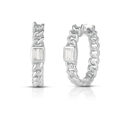 Bezel Set Baguette Curb Chain Hoops, 14K white Gold- URBAETIS Fine Jewelry