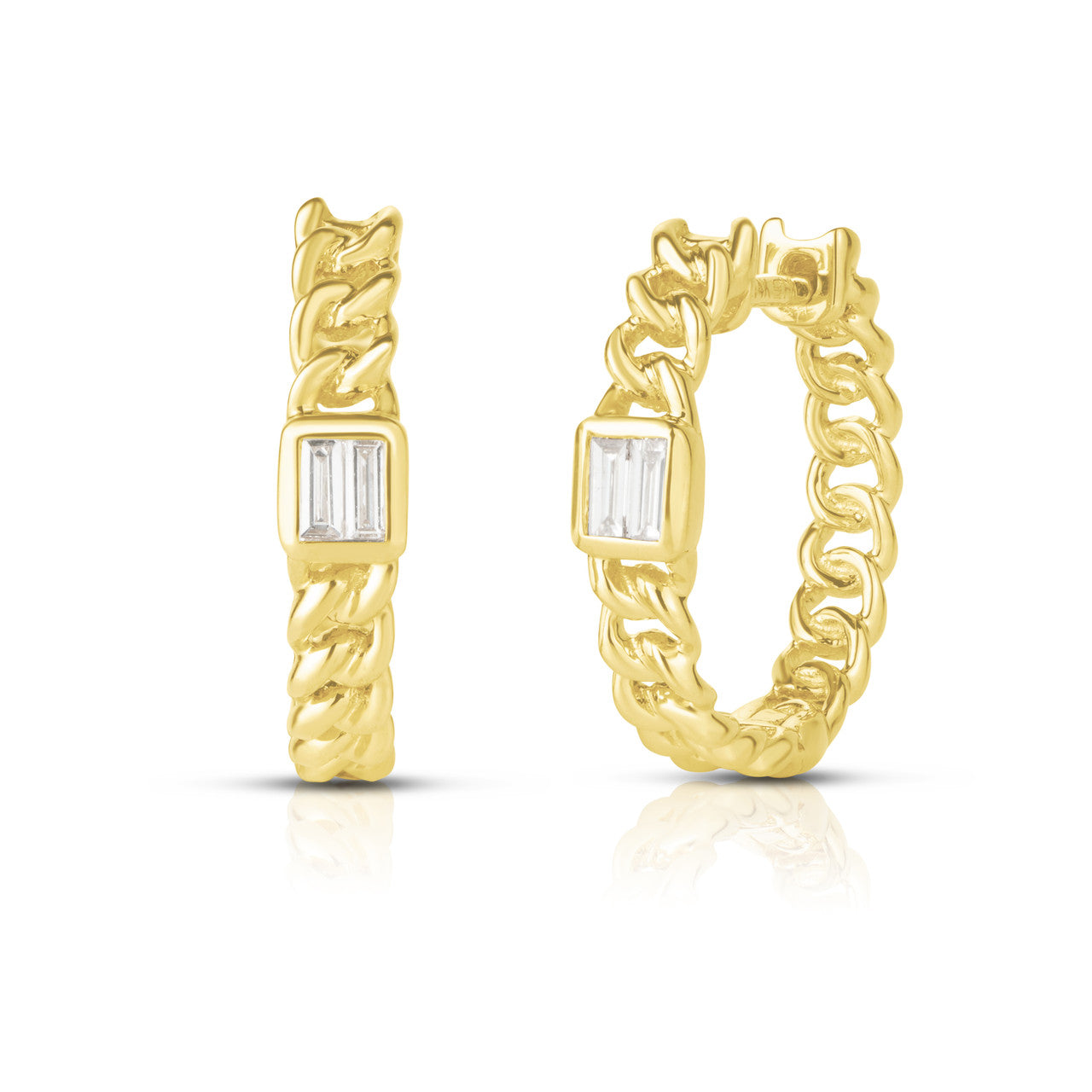 Bezel Set Baguette Curb Chain Hoops, 14K yellow Gold- URBAETIS Fine Jewelry