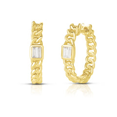 Bezel Set Baguette Curb Chain Hoops, 14K yellow Gold- URBAETIS Fine Jewelry