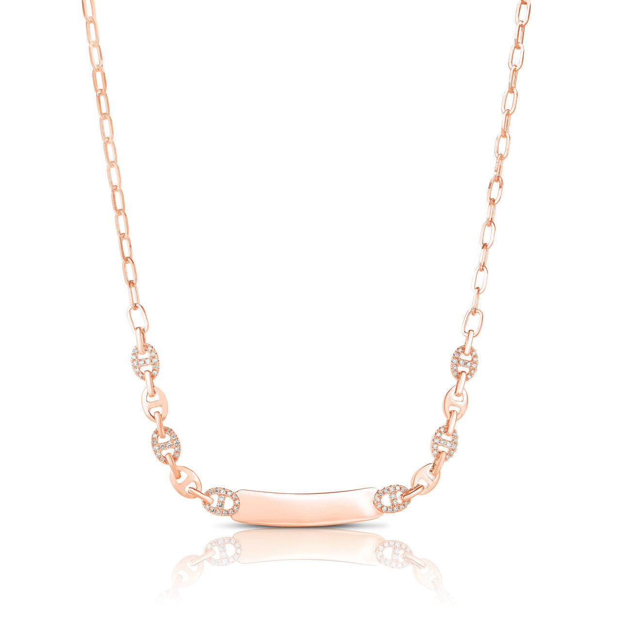 Puffed Mariner and Diamond ID Necklace, 14K Rose Gold- URBAETIS Fine Jewelry