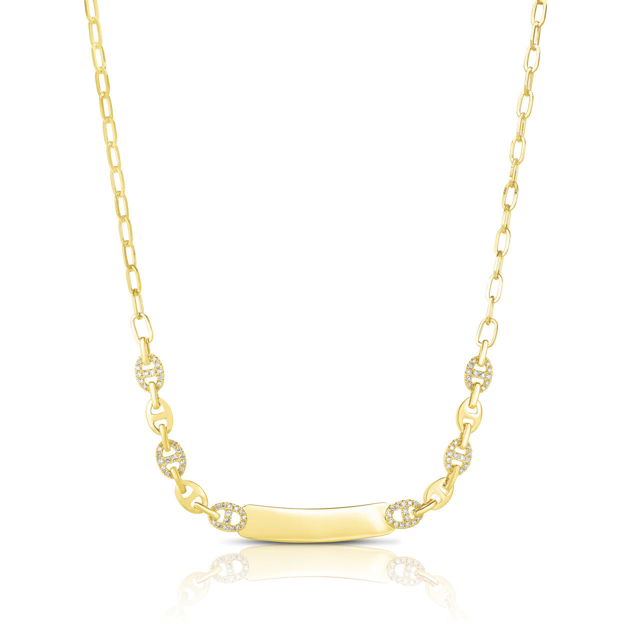 Puffed Mariner and Diamond ID Necklace, 14K Yellow Gold- URBAETIS Fine Jewelry