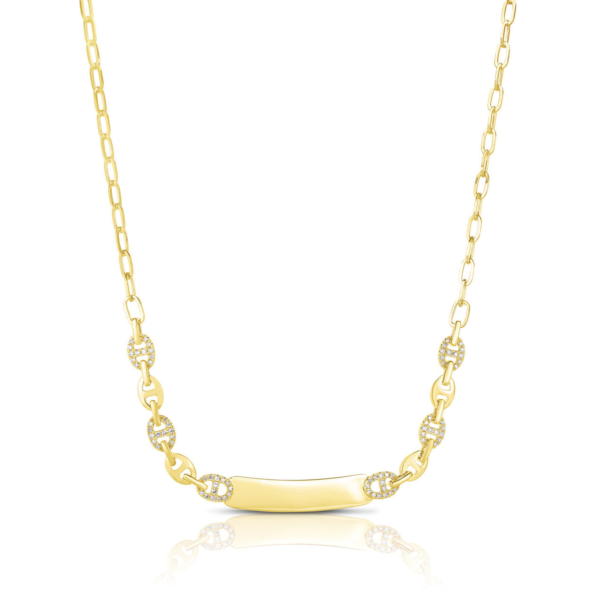 Puffed Mariner and Diamond ID Necklace, 14K Yellow Gold- URBAETIS Fine Jewelry