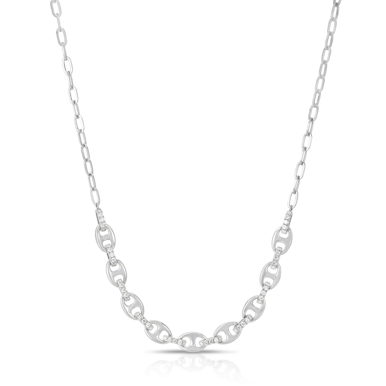 Puffed Mariner Necklace With Diamond links, 14K White Gold- URBAETIS Fine Jewelry
