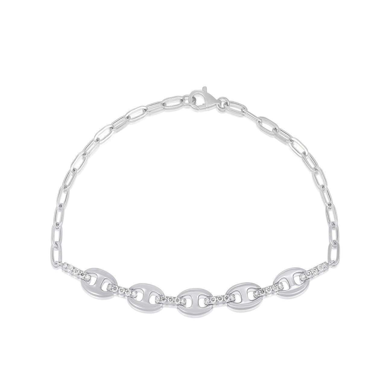 Puffed Mariner Bracelet With Diamond Links, 14K White Gold- URBAETIS Fine Jewelry
