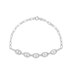 Puffed Mariner Bracelet With Diamond Links, 14K White Gold- URBAETIS Fine Jewelry