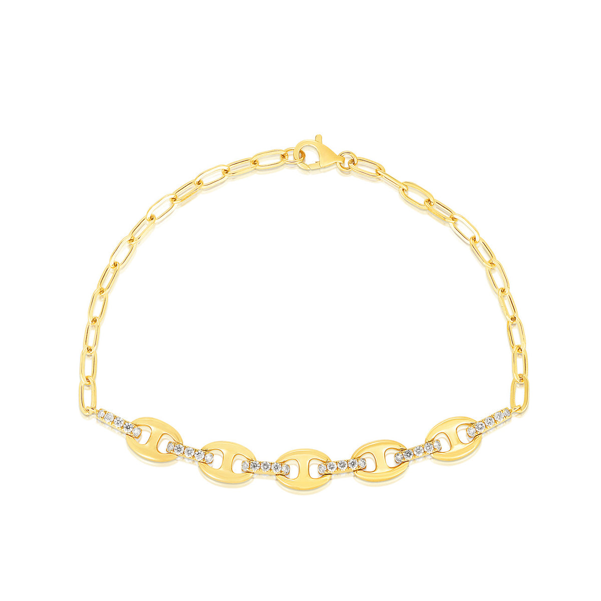 Puffed Mariner Bracelet With Diamond Links, 14K Yellow Gold- URBAETIS Fine Jewelry