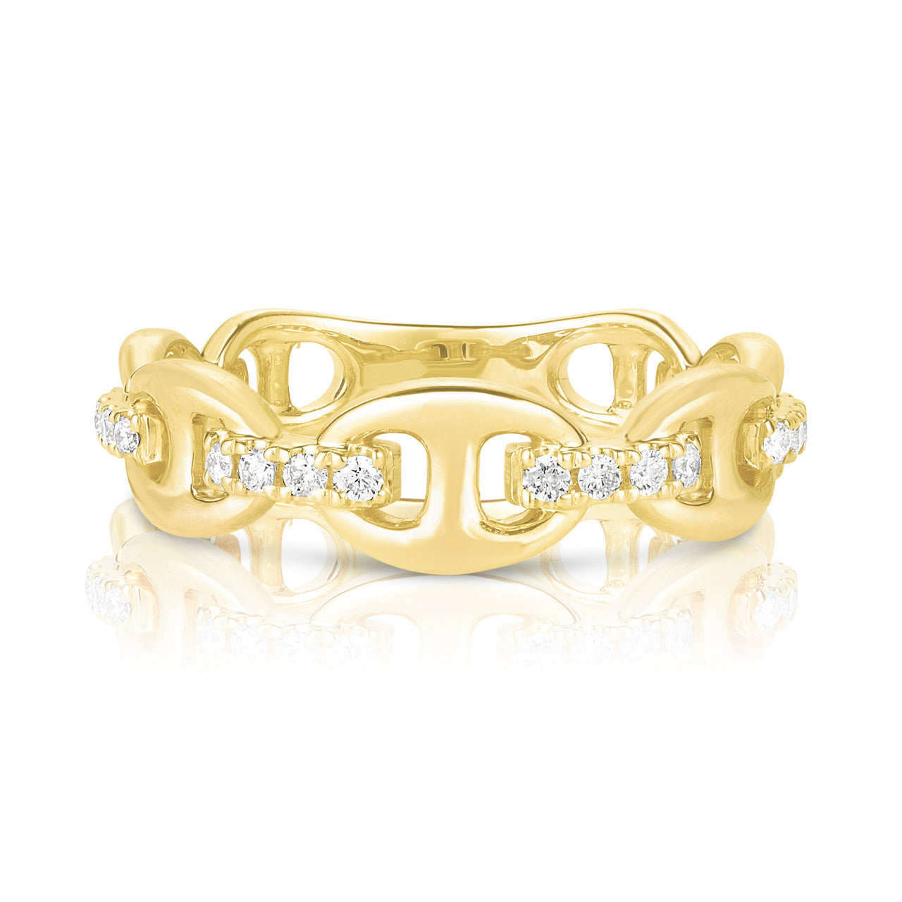 Puffed Mariner Ring With Diamond Links, 14K Yellow gold- URBAETIS Fine Jewelry