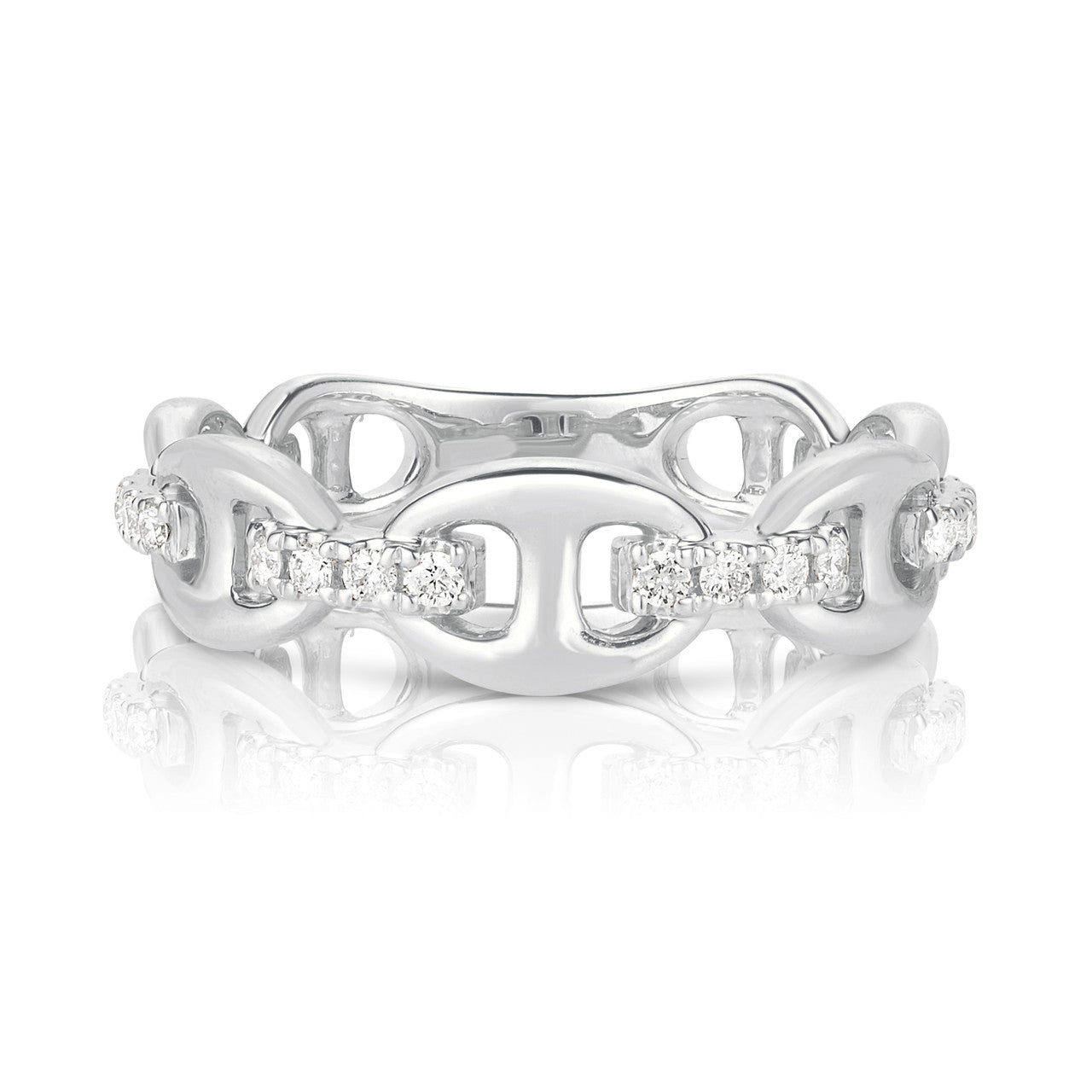 Puffed Mariner Ring With Diamond Links, 14K White Gold- URBAETIS Fine Jewelry