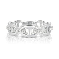 Puffed Mariner Ring With Diamond Links, 14K White Gold- URBAETIS Fine Jewelry