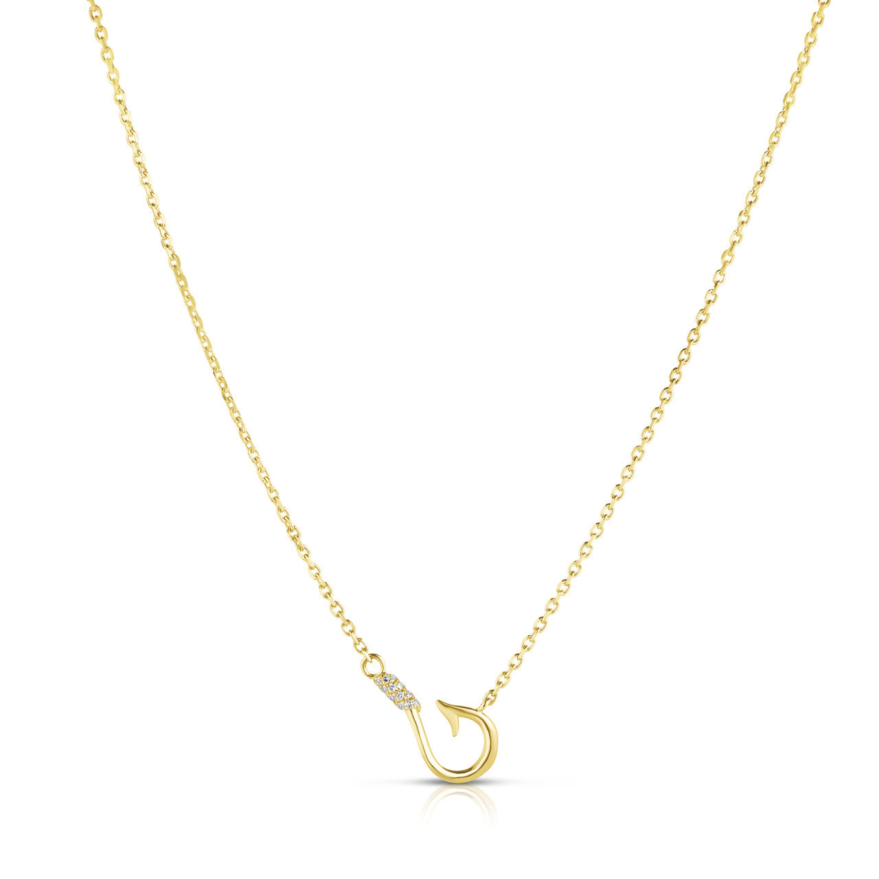 Dainty Fishing Hook Diamond Necklace, 14k yellow gold - URBAETIS Fine Jewelry