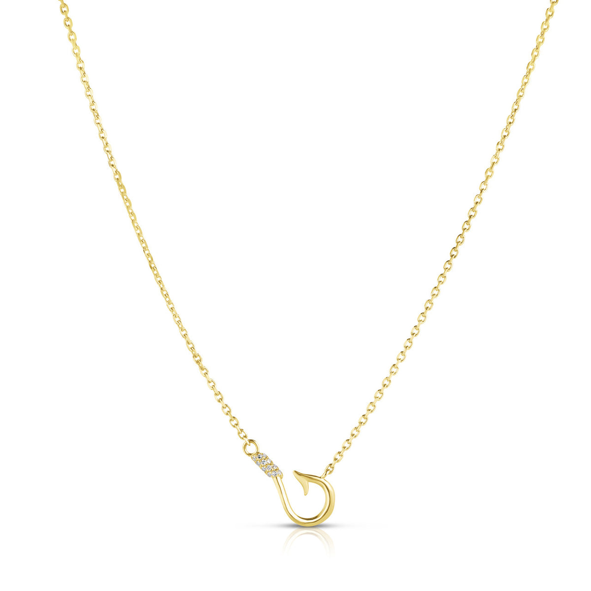 Dainty Fishing Hook Diamond Necklace, 14k yellow gold - URBAETIS Fine Jewelry