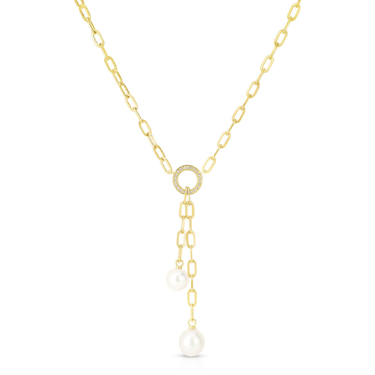 Double Pearl and Diamond Dangle Lariat,14K Yellow Gold- URBAETIS Fine Jewelry