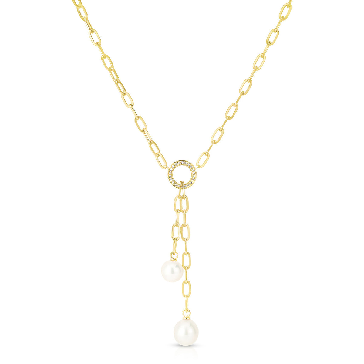 Double Pearl and Diamond Dangle Lariat,14K Yellow Gold- URBAETIS Fine Jewelry