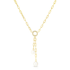 Double Pearl and Diamond Dangle Lariat,14K Yellow Gold- URBAETIS Fine Jewelry