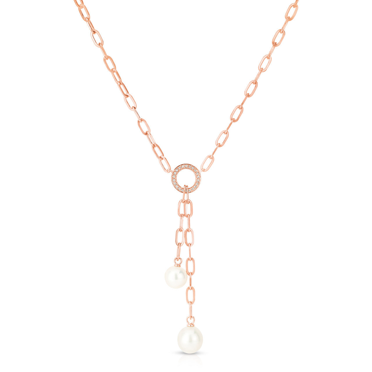 Double Pearl and Diamond Dangle Lariat,14K Rose Gold- URBAETIS Fine Jewelry