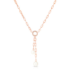Double Pearl and Diamond Dangle Lariat,14K Rose Gold- URBAETIS Fine Jewelry
