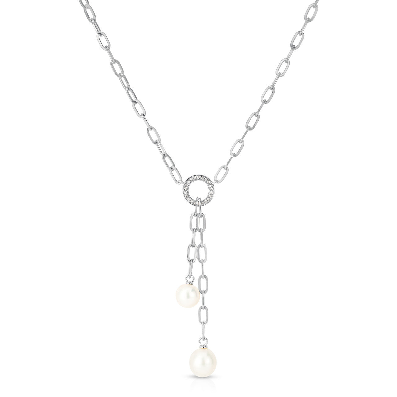 Double Pearl and Diamond Dangle Lariat, 14K White Gold- URBAETIS Fine Jewelry