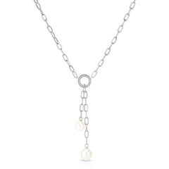 Double Pearl and Diamond Dangle Lariat, 14K White Gold- URBAETIS Fine Jewelry