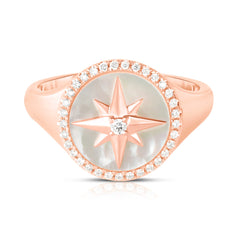 Mother Of Pearl Diamond Star Signet Ring,14K Rose Gold- URBAETIS Fine Jewelry