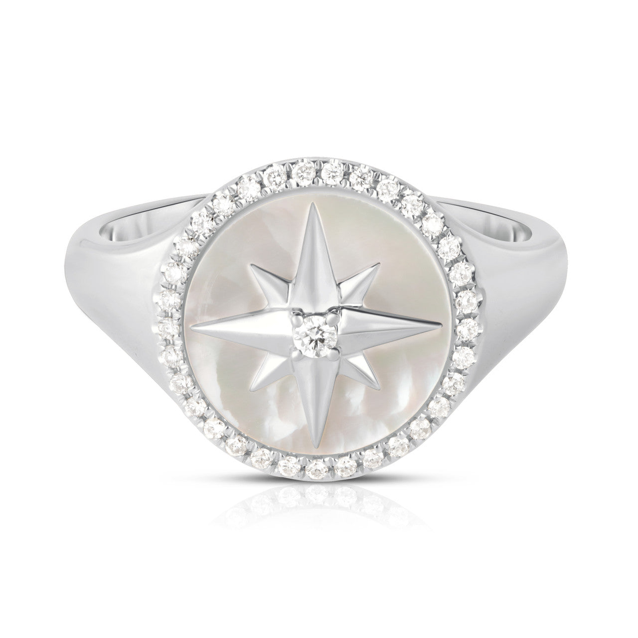 Mother of Pearl Diamond Star Signet Ring, 14K White gold- URBAETIS Fine Jewelry