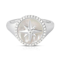 Mother of Pearl Diamond Star Signet Ring, 14K White gold- URBAETIS Fine Jewelry