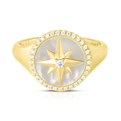 Mother Of Pearl Diamond Star Signet Ring, 14K Yellow gold- URBAETIS Fine Jewelry