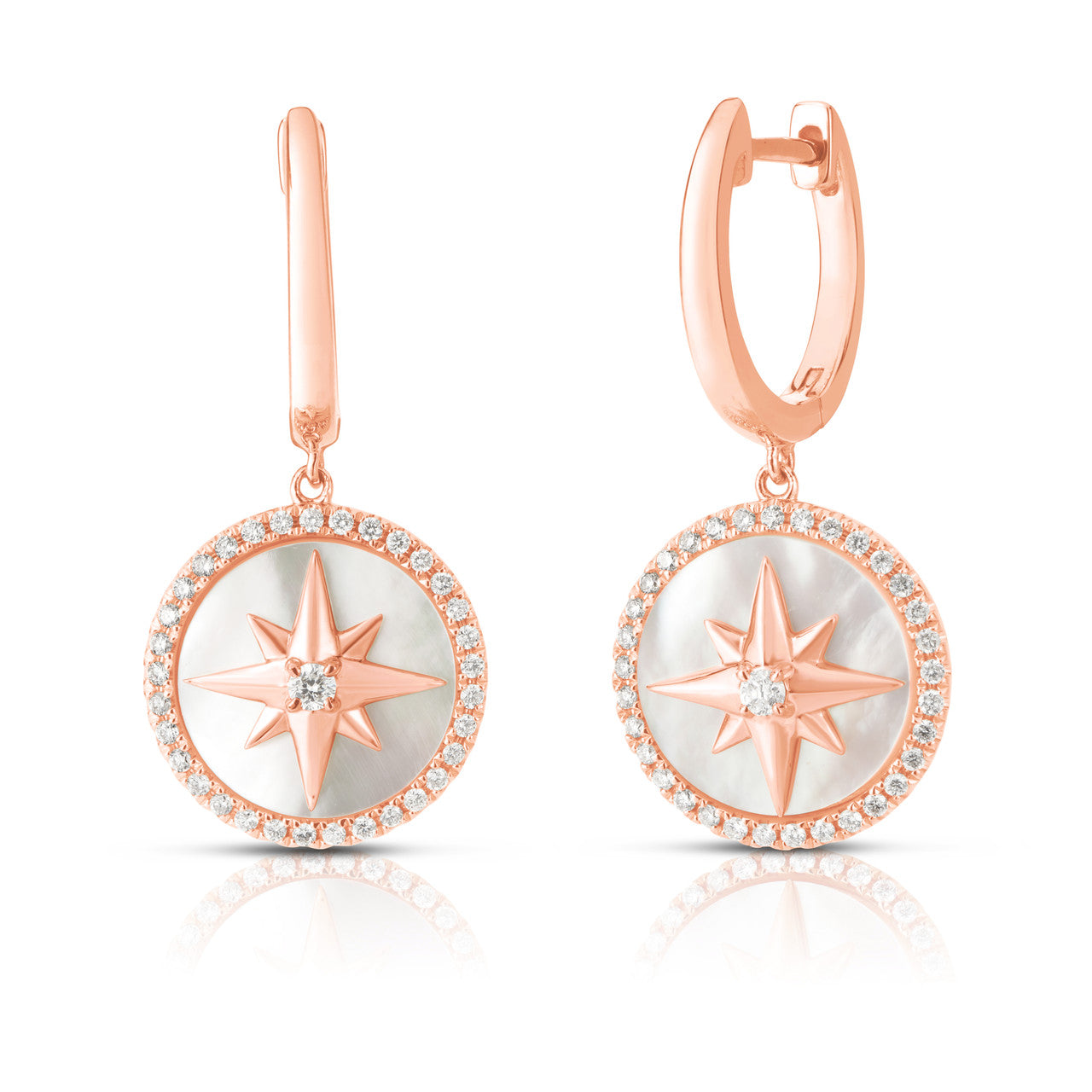 Mother Of Pearl Star Medallion Diamond Huggies, 14K Rose Gold- URBAETIS Fine Jewelry