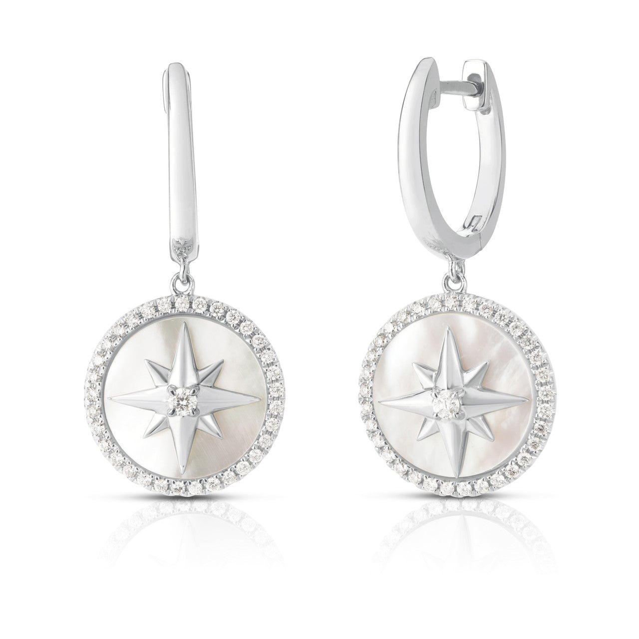 Mother Of Pearl Star Medallion Diamond Huggies, 14K White Gold- URBAETIS Fine Jewelry