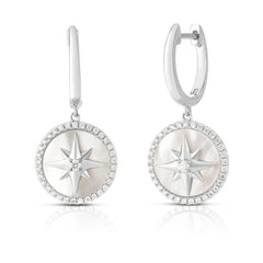 Mother Of Pearl Star Medallion Diamond Huggies, 14K White Gold- URBAETIS Fine Jewelry