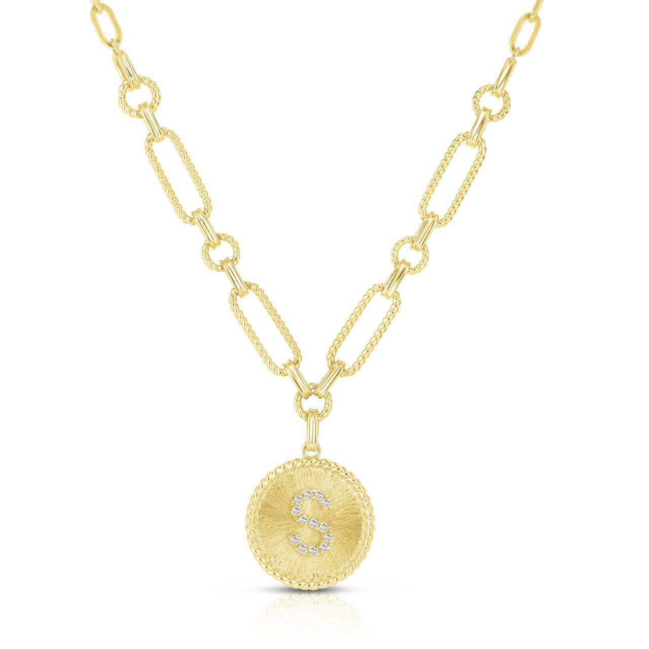 Diamond Initial Medallion Necklace, 14K Yellow Gold, Letter S - URBAETIS Fine Jewelry
