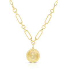 Diamond Initial Medallion Necklace, 14K Yellow Gold, Letter S - URBAETIS Fine Jewelry