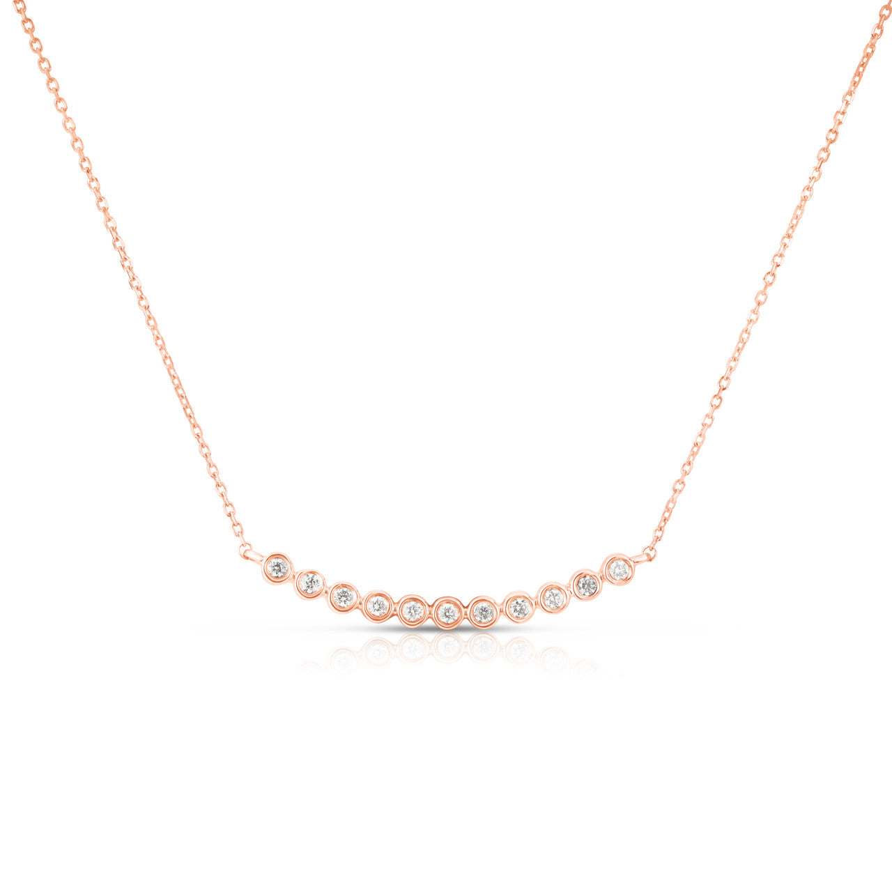 Tiny Bezel set Diamond Curved Bar Necklace, 14K Rose Gold- URBAETIS Fine Jewelry