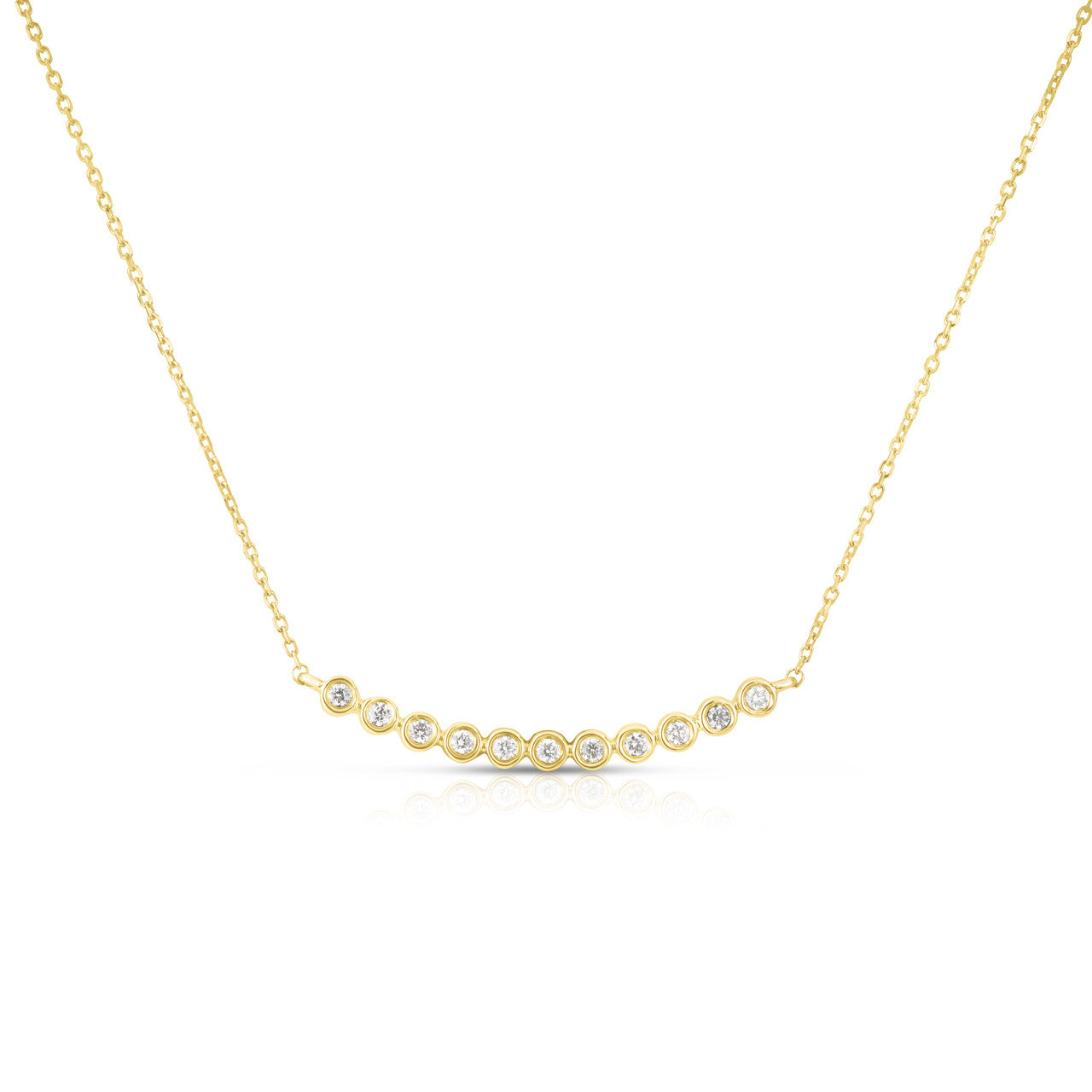 Tiny Bezel Set Diamond Curved Bar Necklace, 14K Yellow Gold- URBAETIS Fine Jewelry