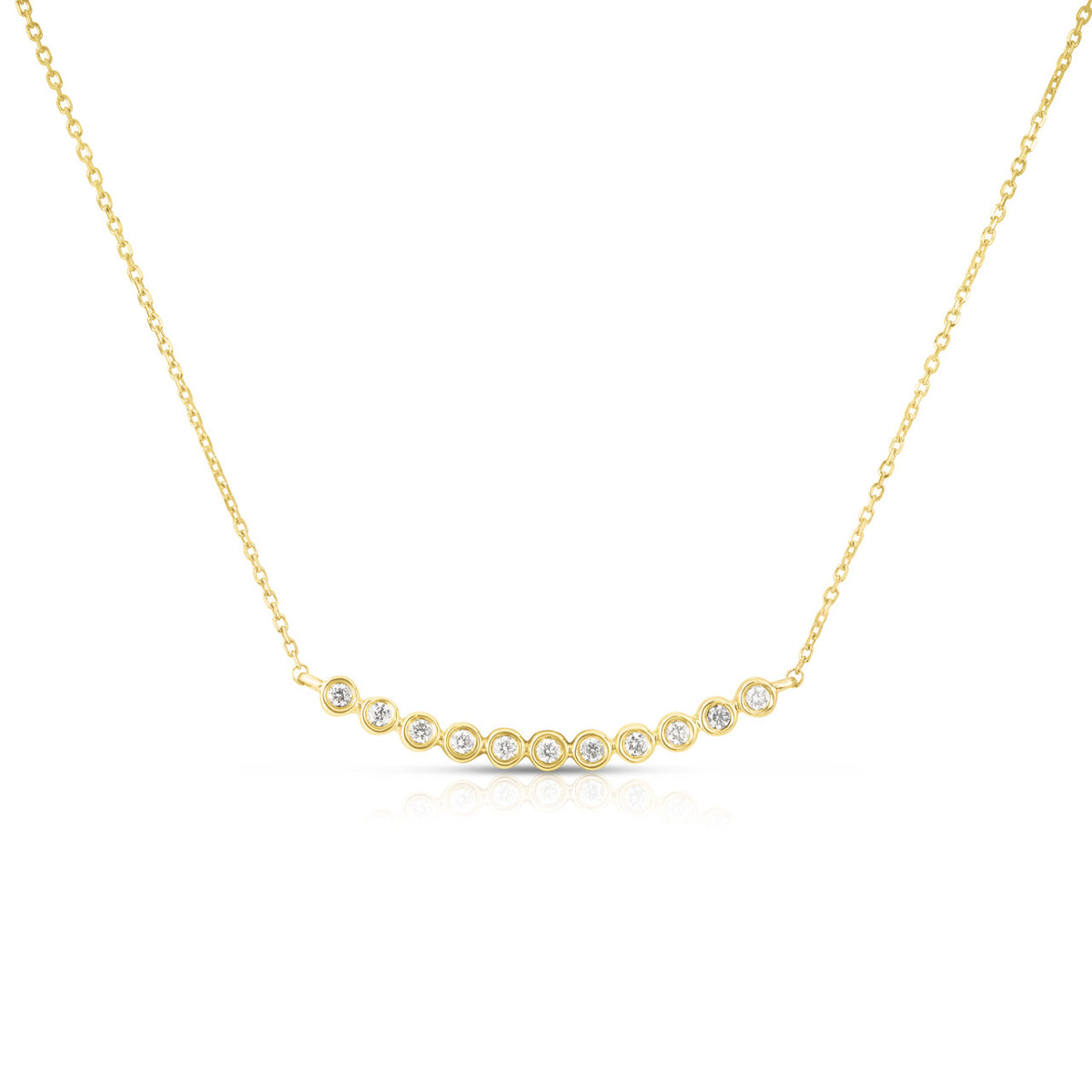 Tiny Bezel Set Diamond Curved Bar Necklace, 14K Yellow Gold- URBAETIS Fine Jewelry