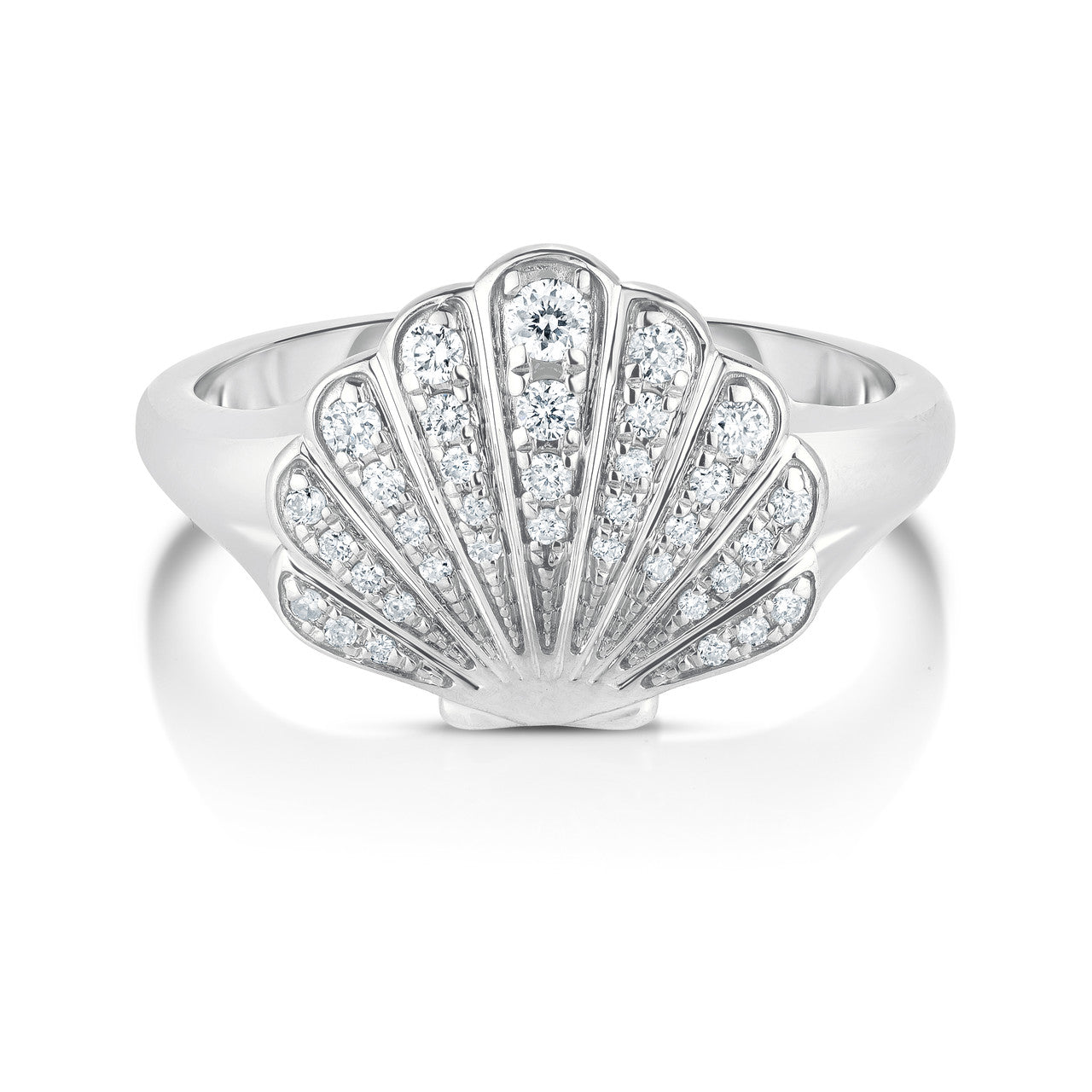 Diamond Shell Signet Ring, 14K White Gold- URBAETIS Fine Jewelry