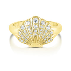 Diamond Shell Signet Ring, 14K Yellow gold- URBAETIS Fine Jewelry