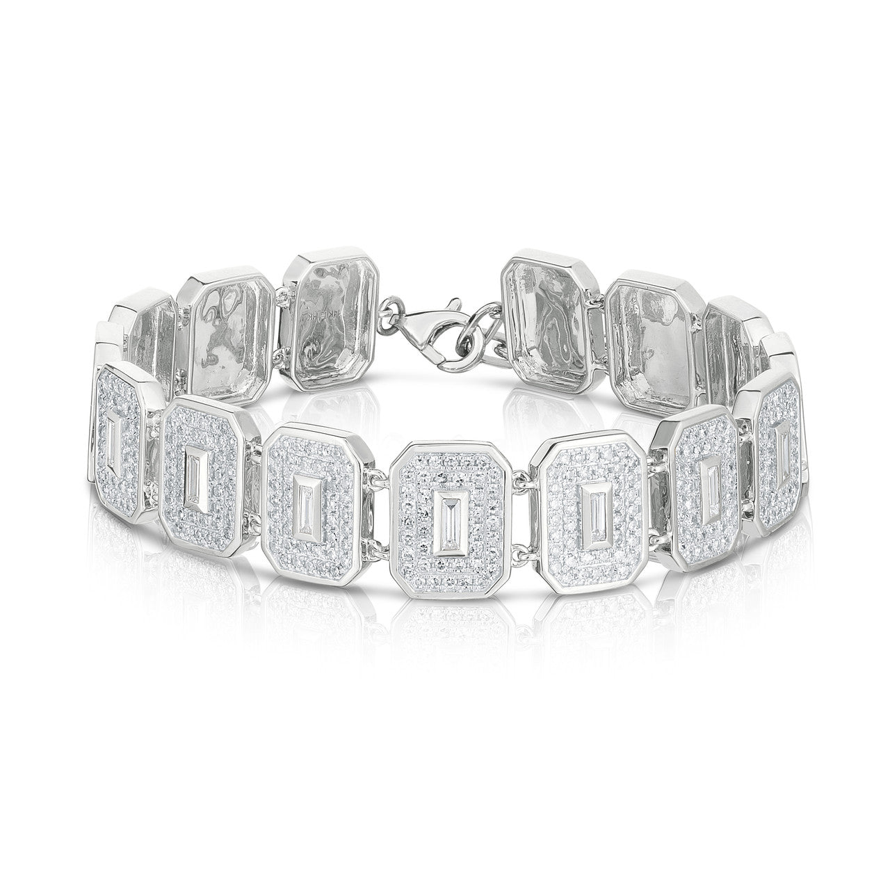 Pave' and Baguette Diamond Shield Statement Bracelet, 14K White Gold - URBAETIS Fine Jewelry