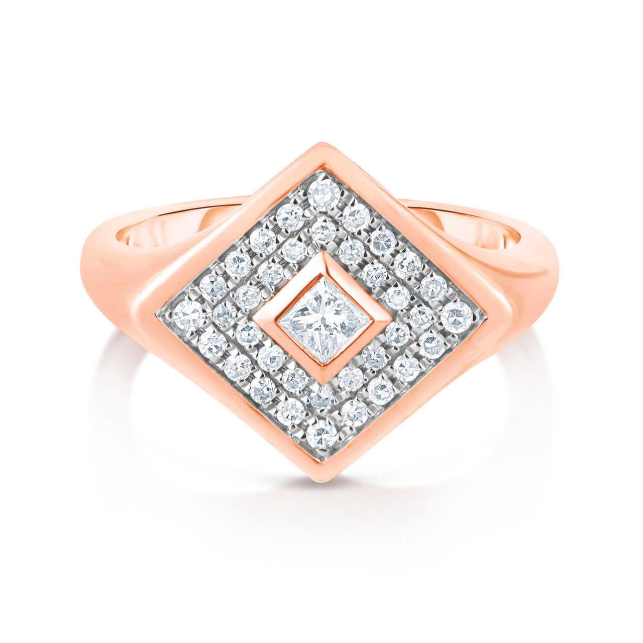 Pave' and Princess Diamond Signet Ring, 14K Rose Gold- URBAETIS Fine Jewelry