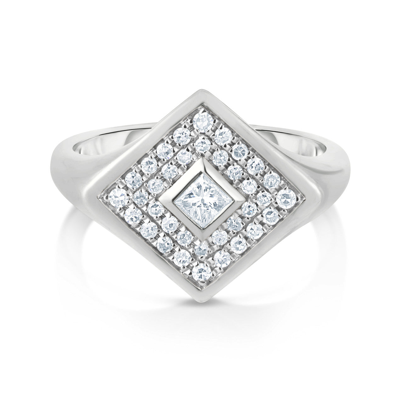 Pave' and Princess Diamond Signet Ring, 14K White Gold- URBAETIS Fine Jewelry