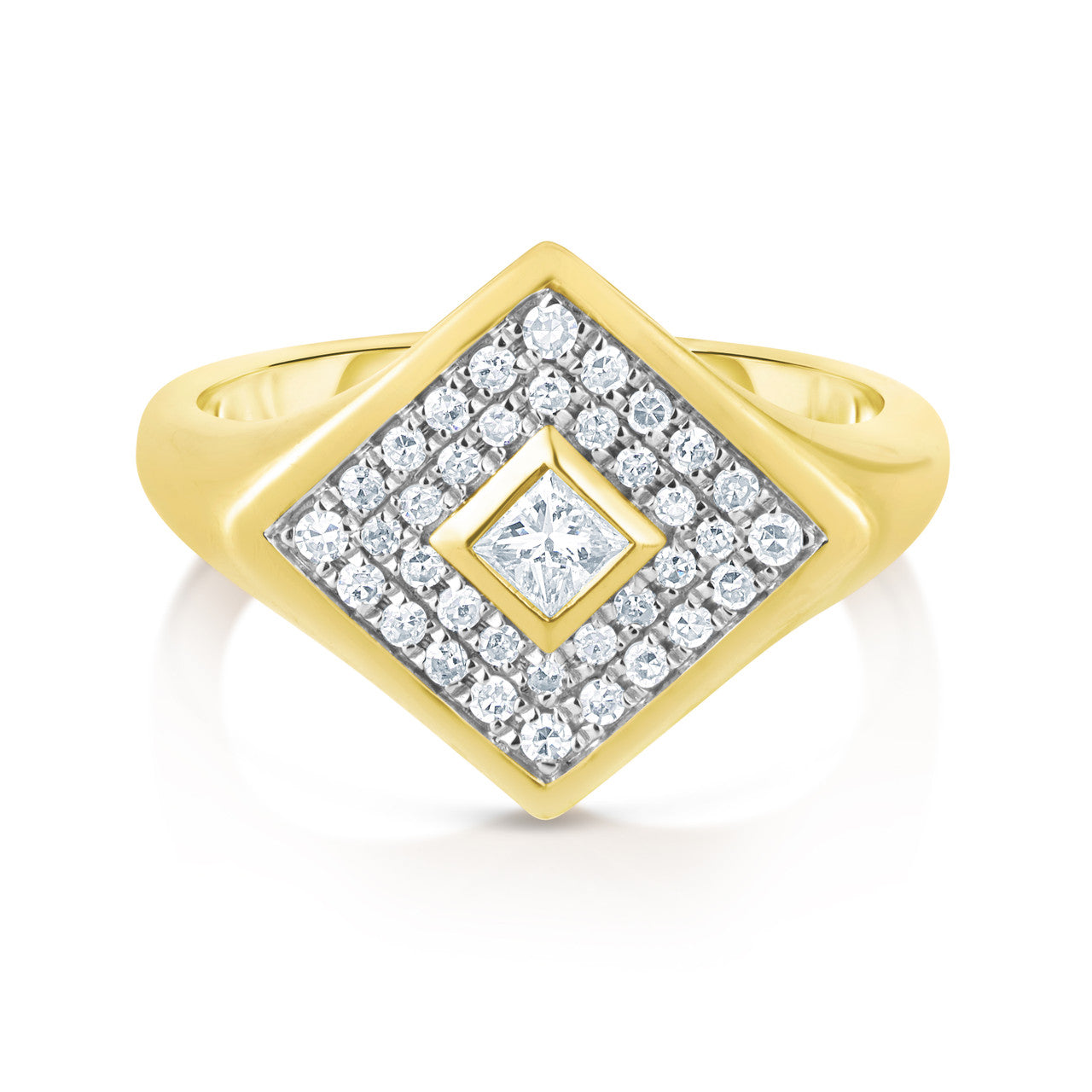 Pave' and Princess Diamond Signet Ring, 14K Yellow Gold- URBAETIS Fine Jewelry