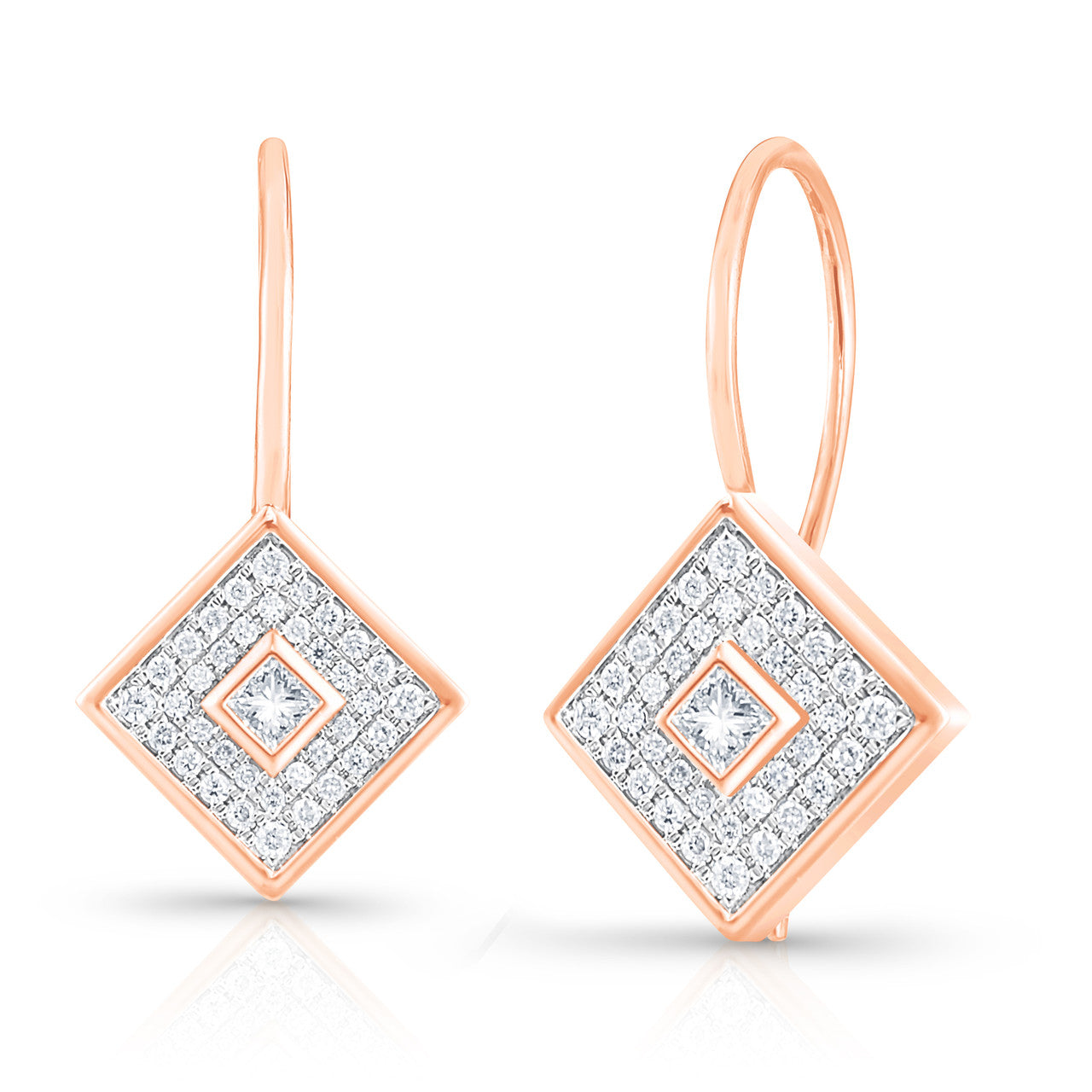 Pave' and Princess Diamond Earrings, 14K Rose Gold- URBAETIS Fine Jewelry