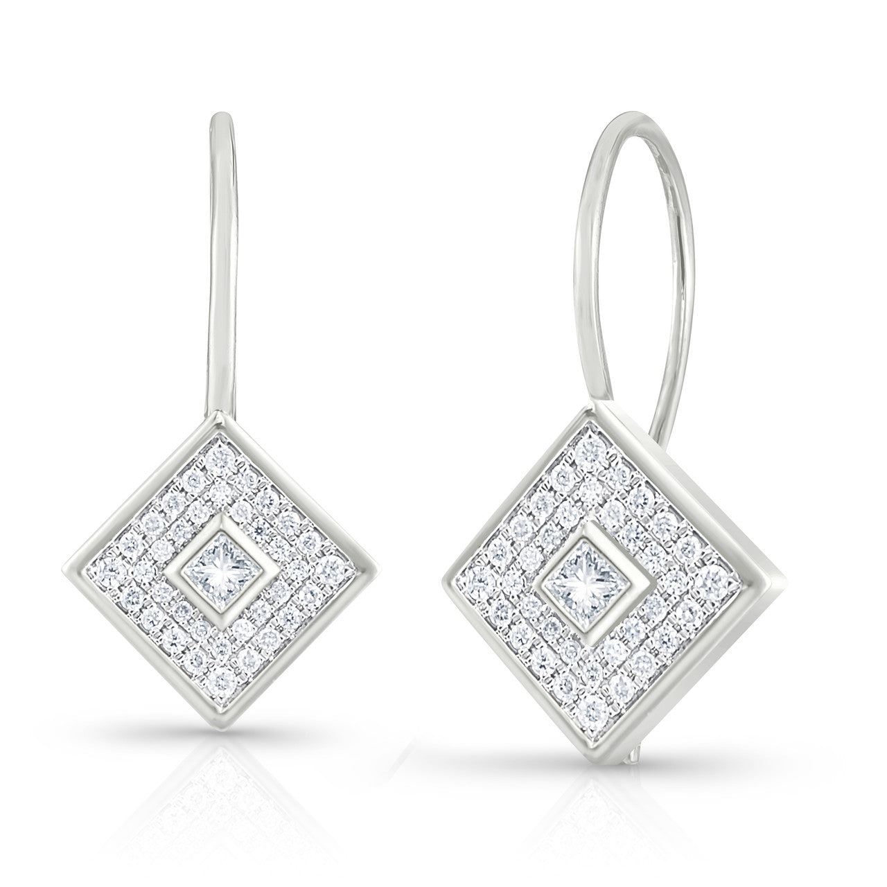 Pave' and Princess Diamond Earrings, 14K White Gold -URBAETIS Fine Jewelry