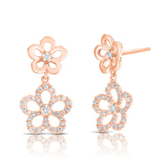 Gold and Diamond Double Flower Dangle Earrings, 14k Rose Gold - URBAETIS Fine Jewelry