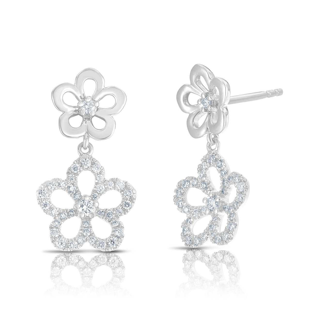 Gold and Diamond Double Flower Dangle Earrings, 14K White Gold- URBAETIS Fine Jewelry