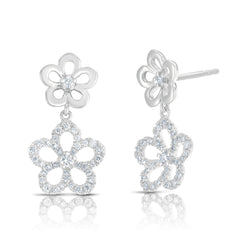 Gold and Diamond Double Flower Dangle Earrings, 14K White Gold- URBAETIS Fine Jewelry