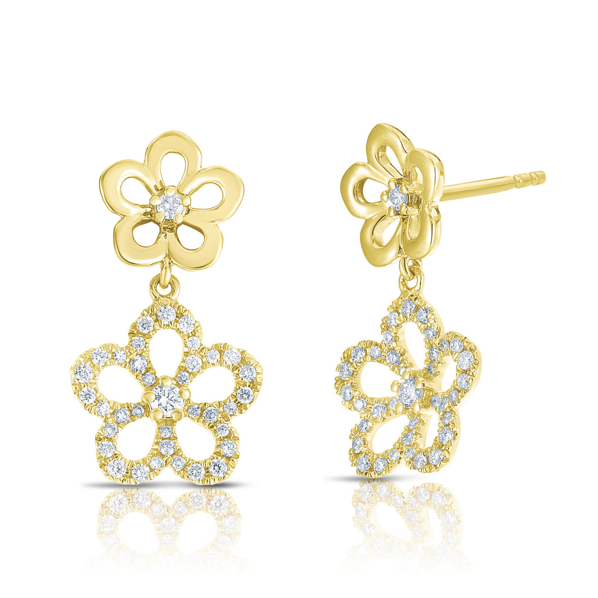 Gold and Diamond Double Flower Dangle Earrings, 14K Yellow Gold- URBAETIS Fine Jewelry