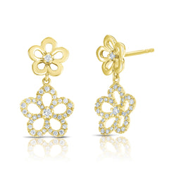 Gold and Diamond Double Flower Dangle Earrings, 14K Yellow Gold- URBAETIS Fine Jewelry