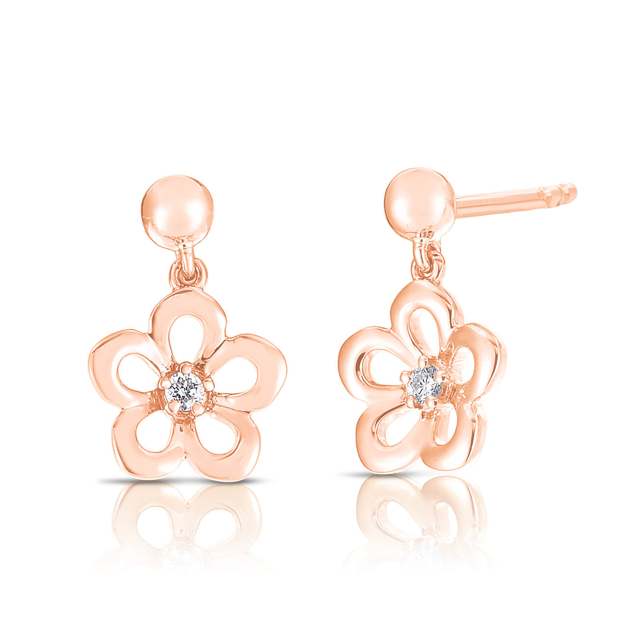 Petite Gold Flower Dangle Earrings with Diamonds, 14K Rose Gold- URBAETIS Fine Jewelry