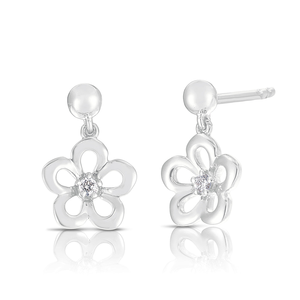 Petite Gold Flower Dangle Earrings with Diamonds, 14K White Gold- URBAETIS Fine Jewelry