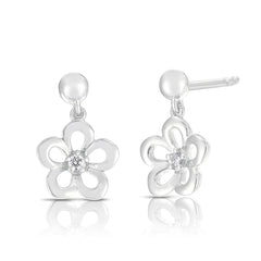 Petite Gold Flower Dangle Earrings with Diamonds, 14K White Gold- URBAETIS Fine Jewelry